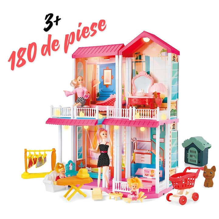 Casuta pentru papusi 180 piese, multicolora, usor de asamblat, stimuleaza creativitatea si coordonarea, recomandata copii 3+