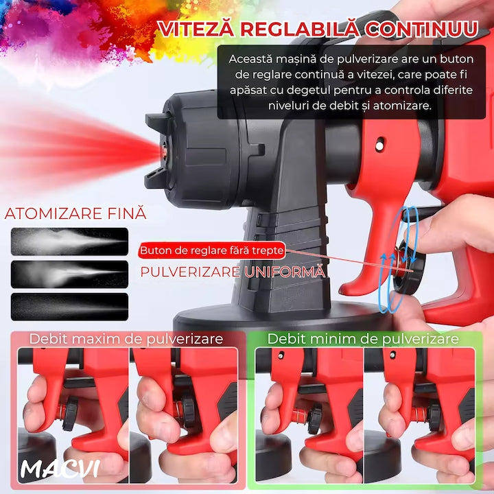 Pistol vopsit electric 500W rezervor 800ml, rosu, viteza reglabila 32000rpm, 3 moduri de pulverizare, pulverizare fina, duze interschimbabile pentru interior tavan gard lac lemn metal