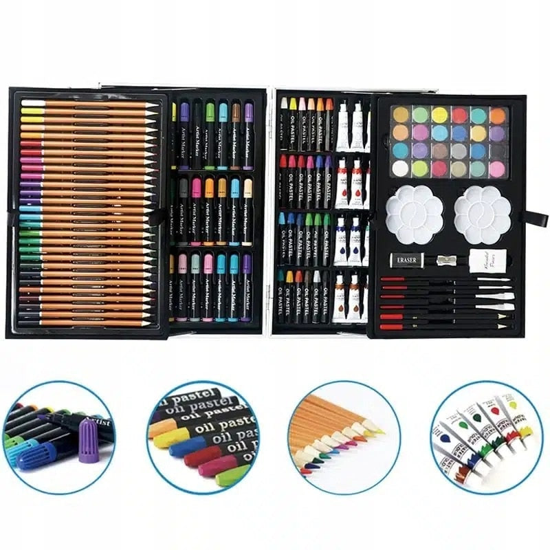 Set pentru pictura si desen, 145 piese, cutie metalica albastra, pentru copii, 38x26x4cm