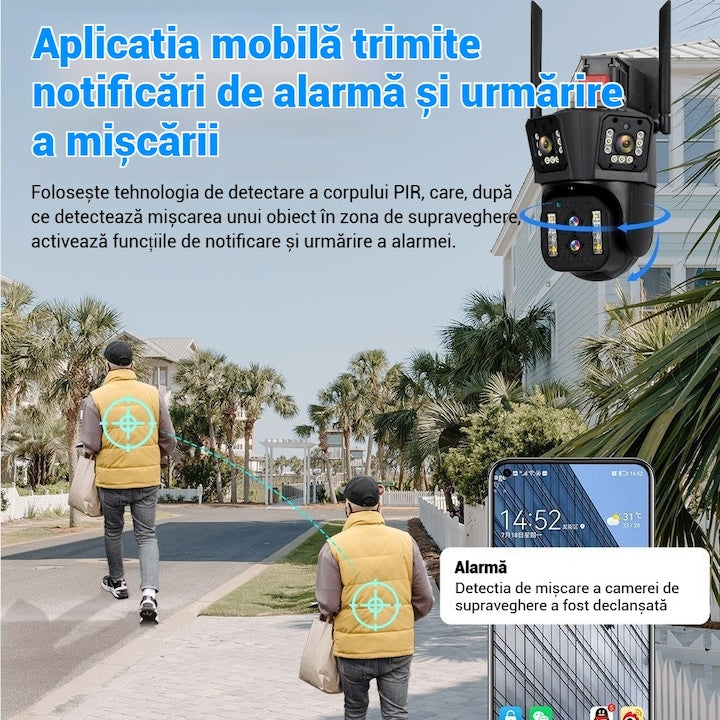 Camera Supraveghere WiFi Tripla 4MP HD IP66 Rotire Inteligenta Zoom 4X Vedere Nocturna Color Audio Bidirectional Alarma
