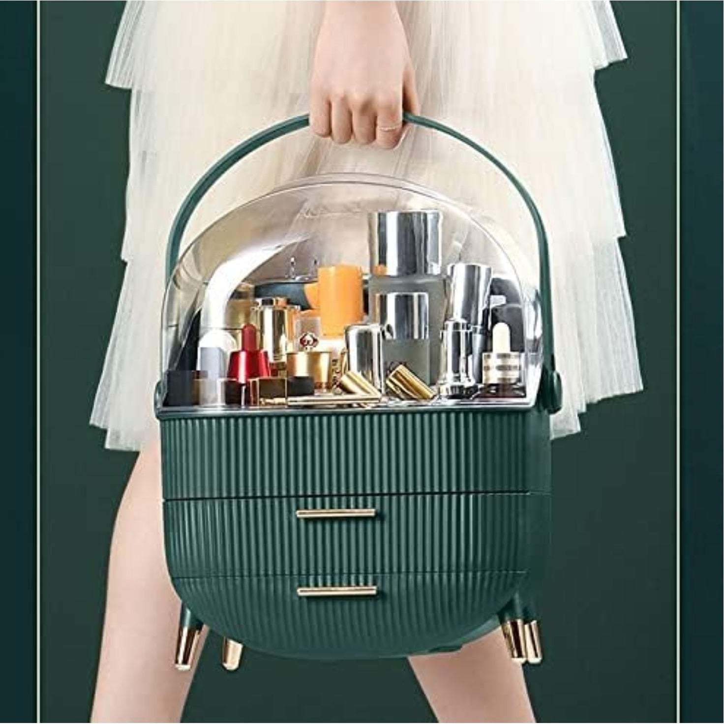 Set organizator de machiaj, 2 sertare, capac transparent, maner confortabil, rezistent la praf, plastic PP + acril, 37x28x18.5 cm