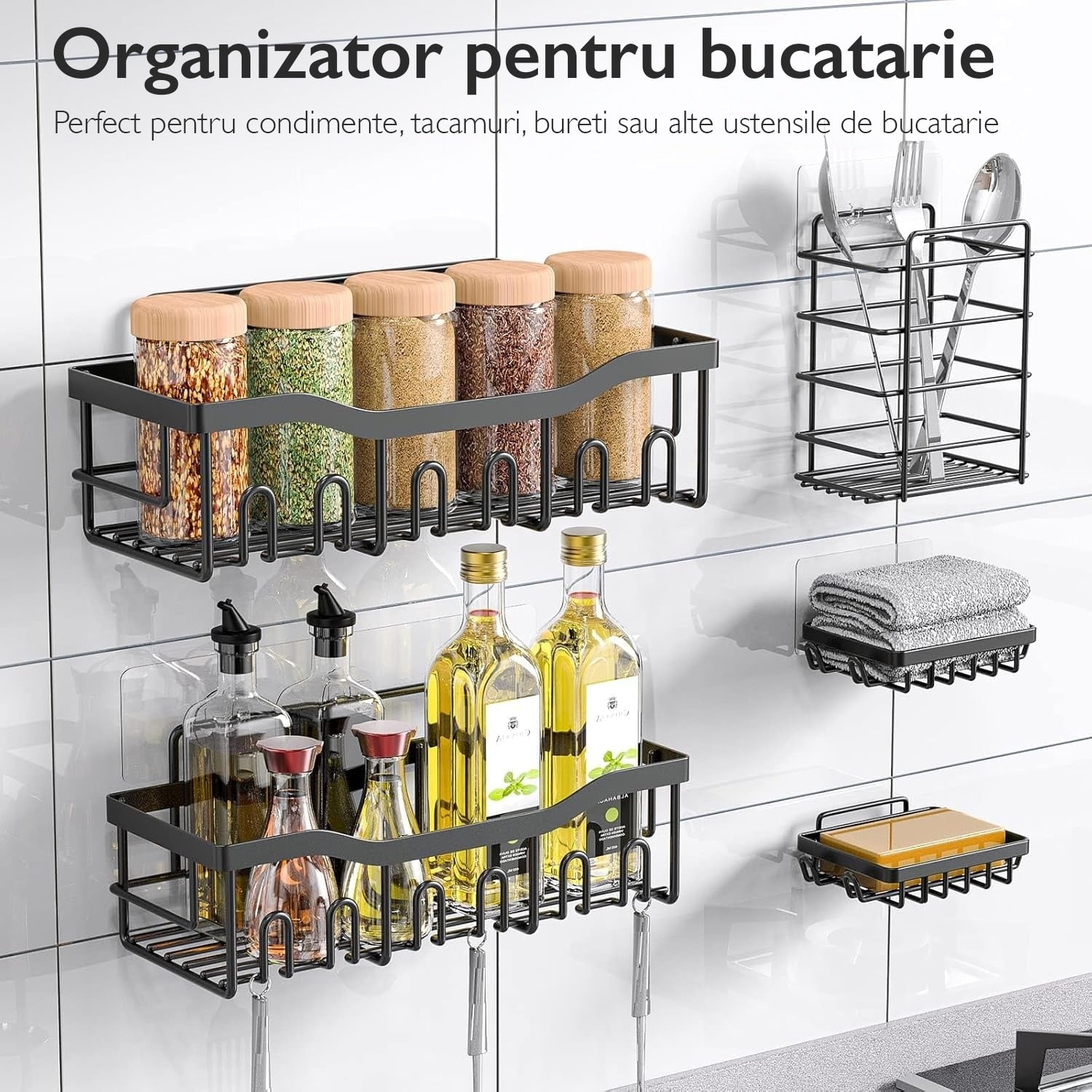 Set 5 Rafturi Organizatoare pentru Baie si Bucatarie, Inox Negru, Montaj Fara Gauri, Suport Sapun, Periute si Gel de Dus, Design Modern si Durabil