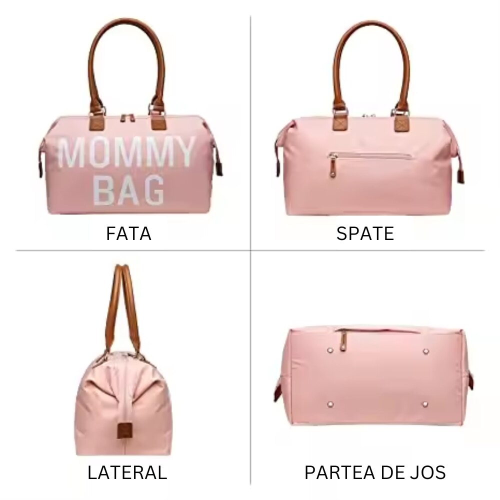 Geanta Mommy Bag cu 2 gentute incluse, multiple compartimente si spatii pentru depozitare, ideala pentru maternitate si calatorii, roz