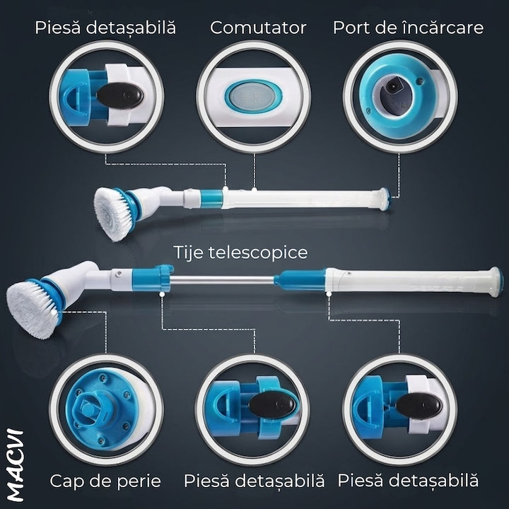 Perie Electrica de Curatare cu 3 Capete Intersanjabile, 300 RPM, Acumulator Reincarcabil, Maner Telescopic - Ideala pentru Gresie, Faianta, Cada, Dus