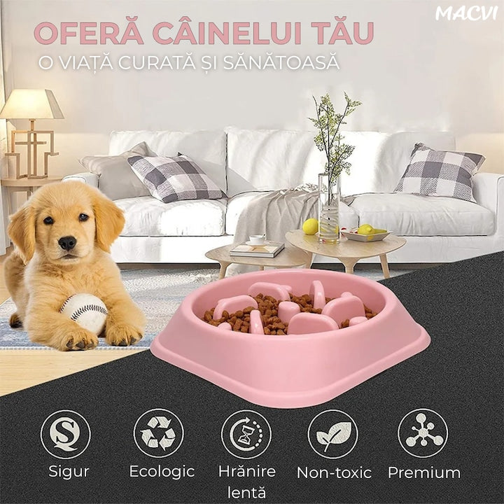 Alimentator Lent pentru Animale, Bol Antiderapant Hranire Lenta pentru Caini si Pisici Design Interior AntiInghitire Material Sigur Usor de Curatat Rezistent, Roz