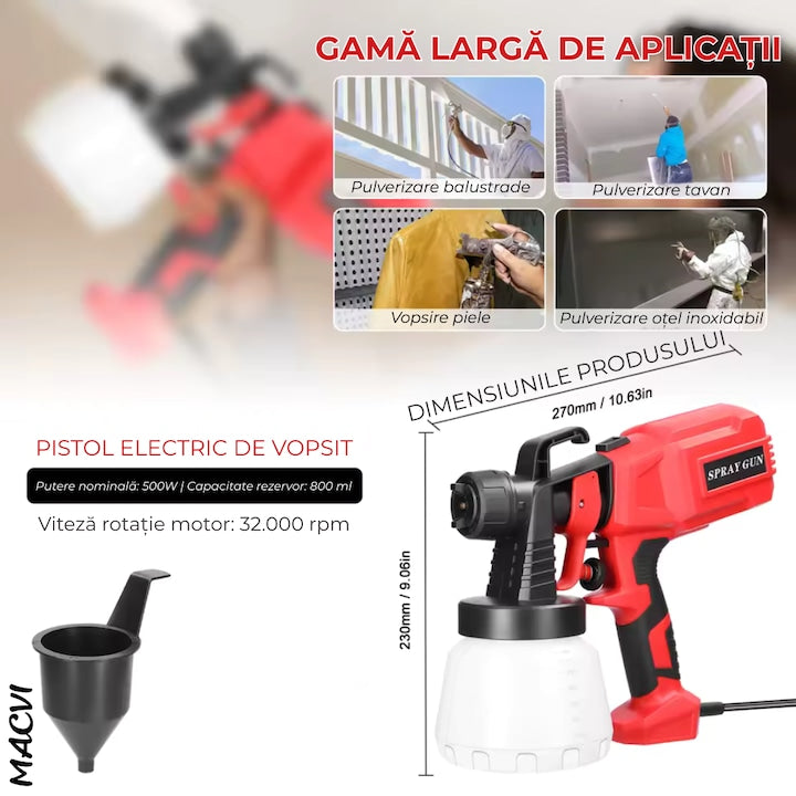 Pistol vopsit electric 500W rezervor 800ml, rosu, viteza reglabila 32000rpm, 3 moduri de pulverizare, pulverizare fina, duze interschimbabile pentru interior tavan gard lac lemn metal