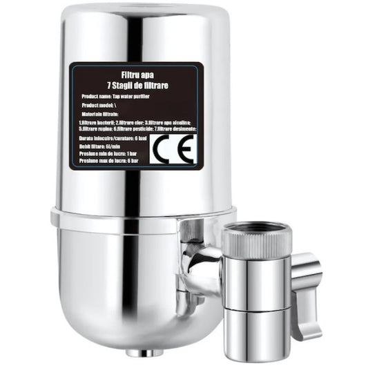Filtru Apa pentru Robinet, Capacitate 50.000L, 7 Etape Filtrare, Cartus Reutilizabil, Elimina Impuritati, Clor si Metale Grele, Montaj Rapid, Argintiu