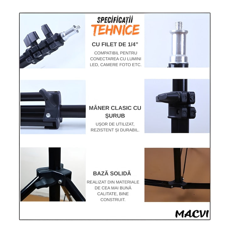Trepied reglabil 2m pentru camera foto, video, telefon si lampa circulara, suport profesional din aluminiu, prindere 1/4", ideal pentru vlogging, fotografie si live streaming