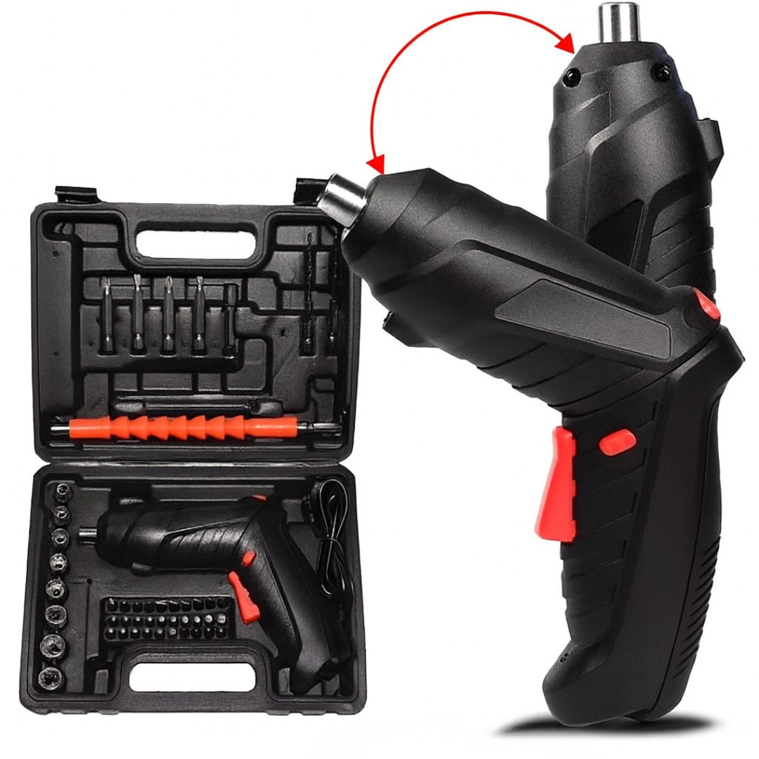 Surubelnita Electrica Portabila, 47 Piese Acumulator Reincarcabil Maner Rotativ 90-180° Set Biti si Capete Tubulare Trusa Transport Negru