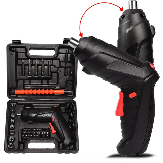Surubelnita Electrica Portabila, 47 Piese Acumulator Reincarcabil Maner Rotativ 90-180° Set Biti si Capete Tubulare Trusa Transport Negru