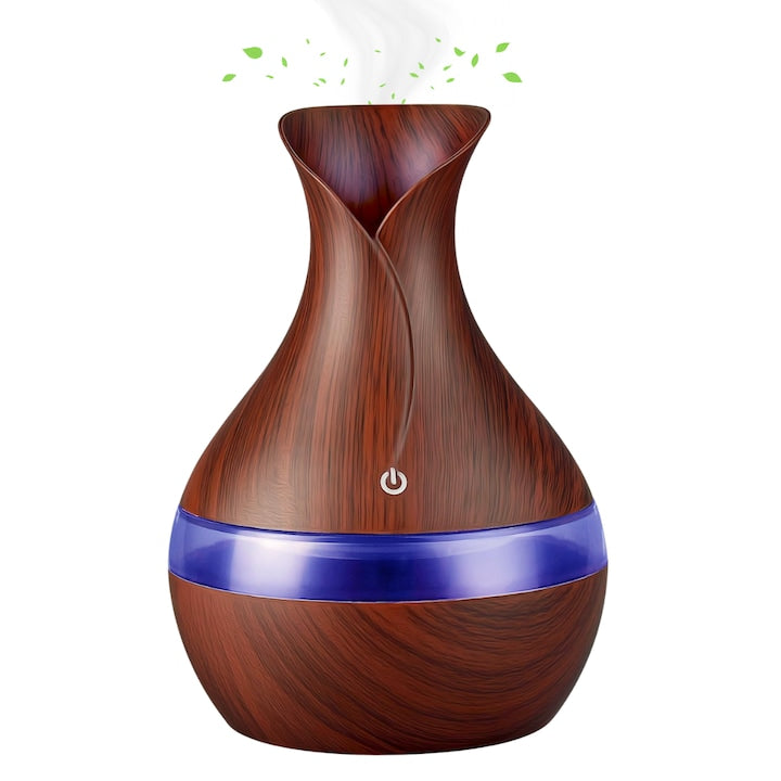 Difuzor Aromaterapie cu Umidificator, ultrasunete, forma de vaza, buton touch, maro, LED 7 culori, 130 ml