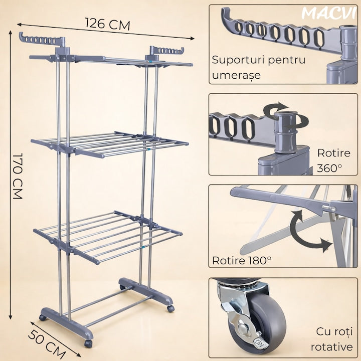 Uscator vertical pentru rufe, cu 3 nivele de uscare, mobil si pliabil, suport umerase, gri
