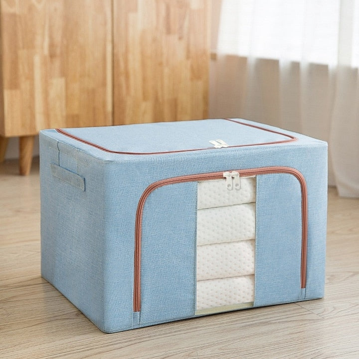 Cutie depozitare 66L pliabila din material textil cu fermoar, fereastra transparenta si cadru metalic, organizator incapator pentru haine si articole casnice
