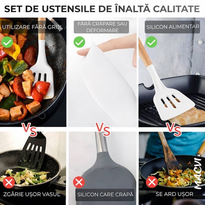 Set Ustensile Bucatarie 19 Piese Silicon Termorezistent si Bambus, Cutite Inox, Suport Organizator Compact, Design Alb Elegant