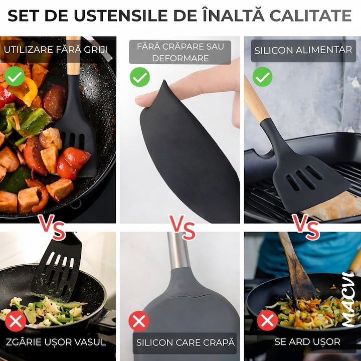 Set Ustensile Bucatarie 19 Piese Silicon Termorezistent si Bambus, Cutite Inox, Suport Organizator Compact, Design Negru Elegant