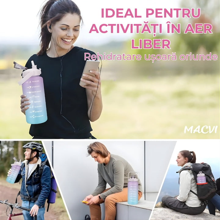 Bidon fitness de apa 2L multicolor, plastic PC fara BPA, cu duza, maner si inscriptii motivante, etansa cu garnitura siliconica