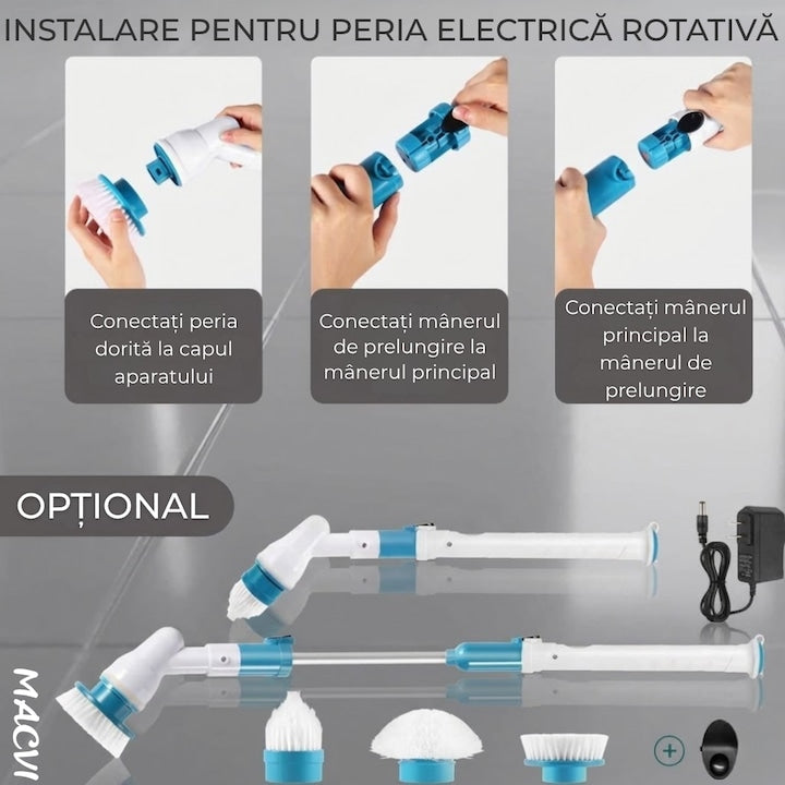 Perie Electrica de Curatare cu 3 Capete Intersanjabile, 300 RPM, Acumulator Reincarcabil, Maner Telescopic - Ideala pentru Gresie, Faianta, Cada, Dus