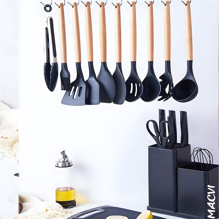 Set Ustensile Bucatarie 19 Piese Silicon Termorezistent si Bambus, Cutite Inox, Suport Organizator Compact, Design Negru Elegant