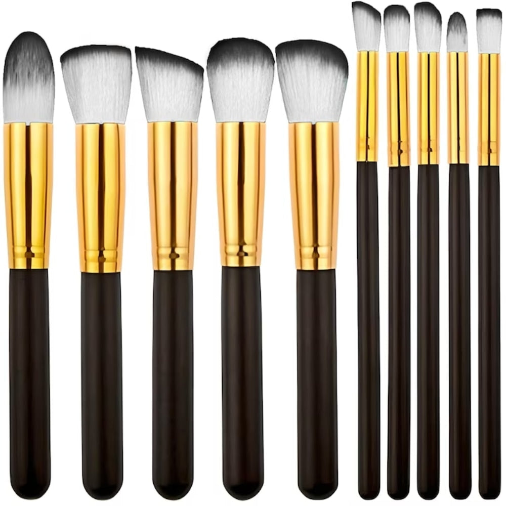 Set 10 pensule machiaj profesionale peri sintetici moi maner ergonomic plastic make up fond ten blush fard negru auriu