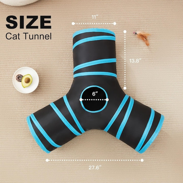 Tunel pliabil pentru pisici, 3 cai, cu clopotei, poliester rezistent, portabil, 28x28x5 cm, albastru