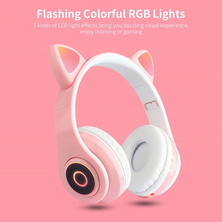 Casti Wireless Pliabile cu Urechi de Pisica, Bluetooth 5.0, HiFi, Bass Stereo, LED, Roz