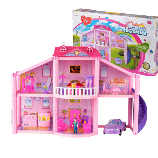 Casuta pentru papusi Lovely House, 2 etaje, 5 camere, garaj cu masina, 2 figurine incluse, set 112 piese