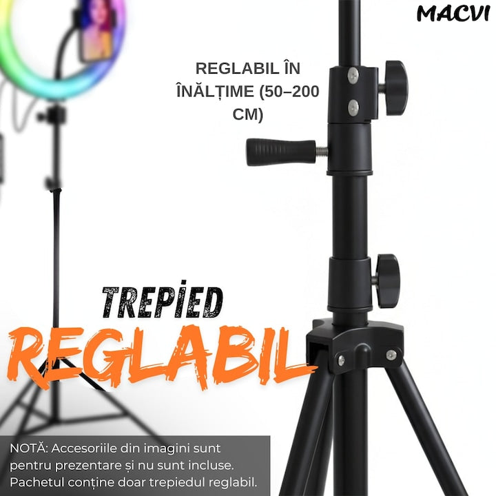 Trepied reglabil 2m pentru camera foto, video, telefon si lampa circulara, suport profesional din aluminiu, prindere 1/4", ideal pentru vlogging, fotografie si live streaming