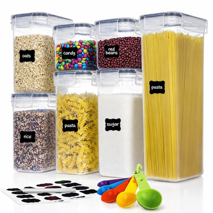 Set 7 organizatoare/recipiente pentru depozitare alimente, etichete incluse, organizare bucatarie, capac etans, plastic fara BPA