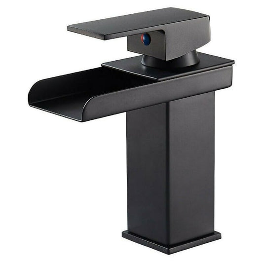 Baterie lavoar baie tip cascada cromata din bronz inaltime 160 mm pipa 135 mm monocomanda, negru mat