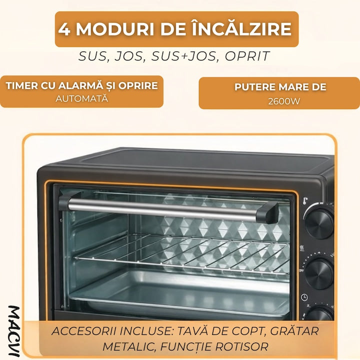 Cuptor Electric de Bucatarie 2600W, 48L, Temperatura Reglabila 250°C, 4 Moduri Incalzire, Tava de Copt, Gratar, Functie Rotisor