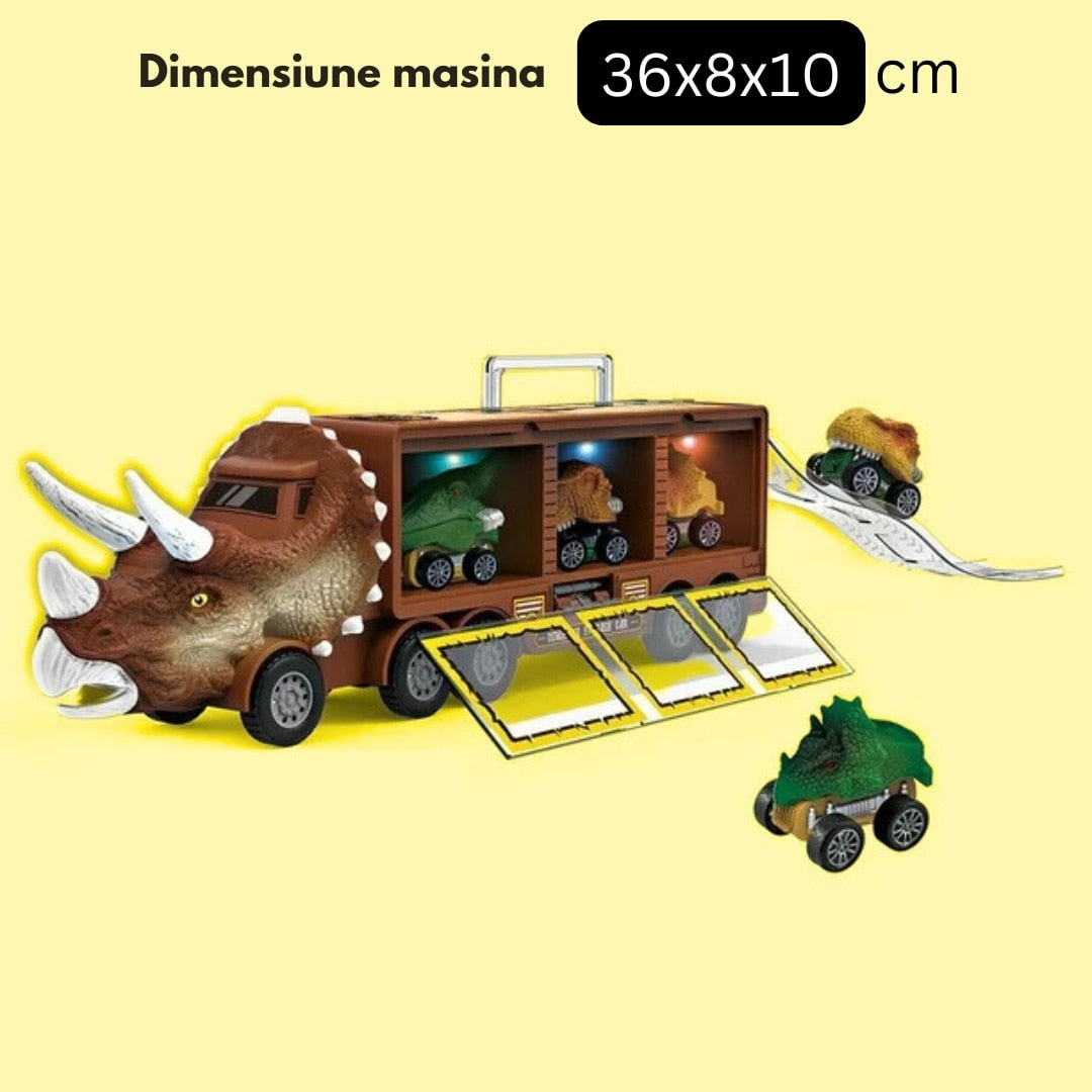 Camion Dinozaur Interactiv cu Lumini si Sunete, 3 Vehicule Detasabile, Rampa de Lansare si Accesorii Preistorice, Jucarie Educativa pentru Copii 3+
