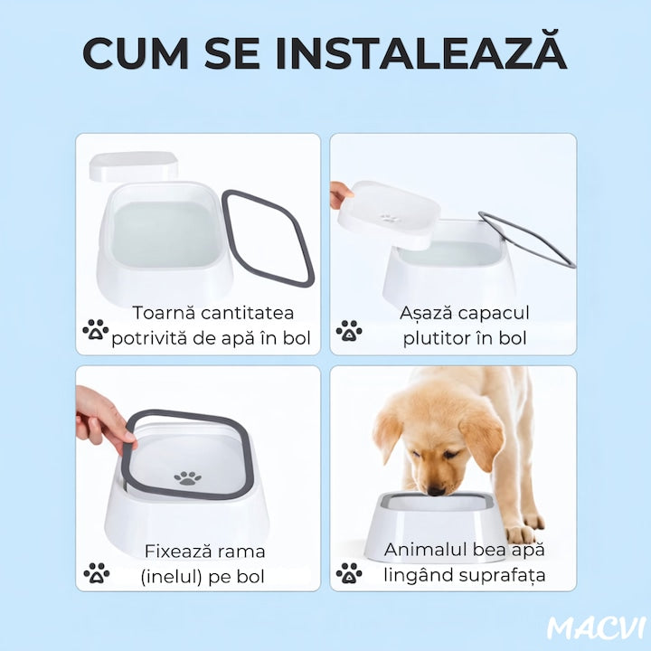 Bol pentru apa, antistropire si antialunecare, 1.5 L, alb, pentru caini si pisici, plastic