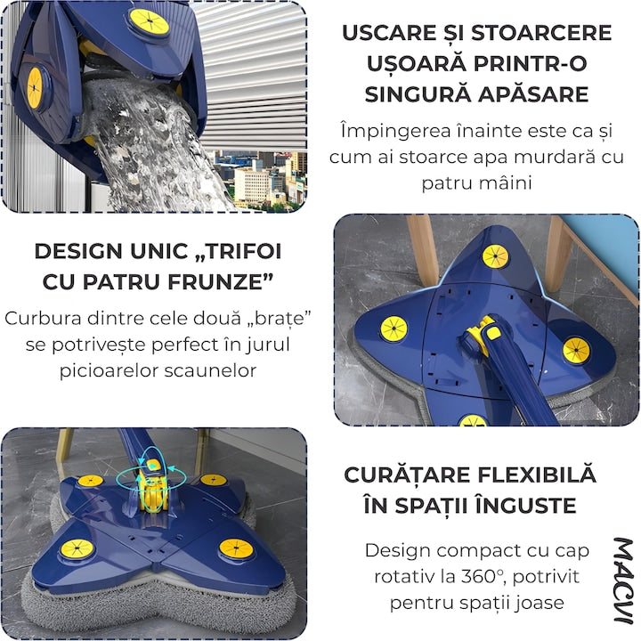 Mop cu Cap Stea 360° Telescopic Curatare Usoara, 2 lavete Microfibra, Lungime 123 cm, Albastru/Galben