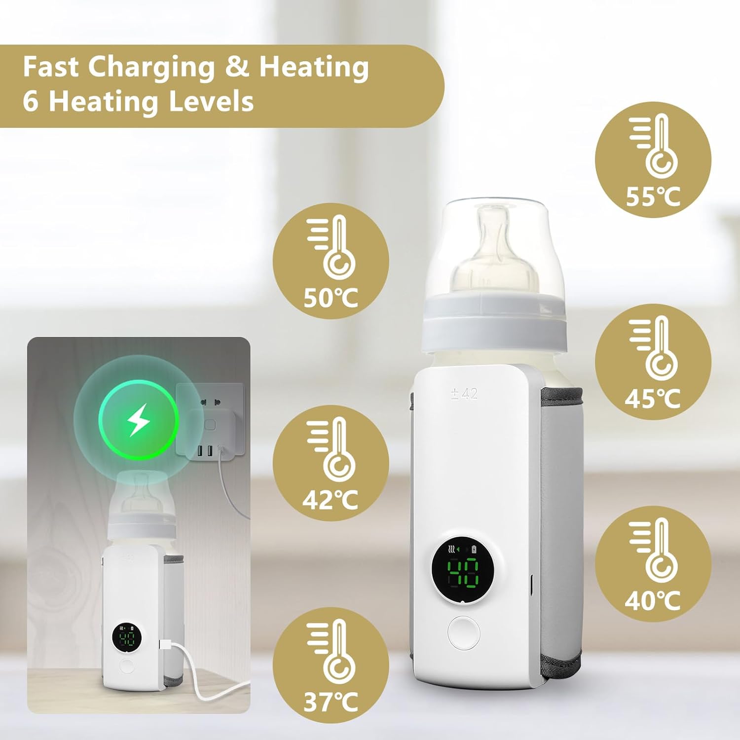 Incalzitor portabil pentru biberoane, 6 niveluri temperatura, mentinere caldura pana la 5 ore, alimentare USB, 300 ml