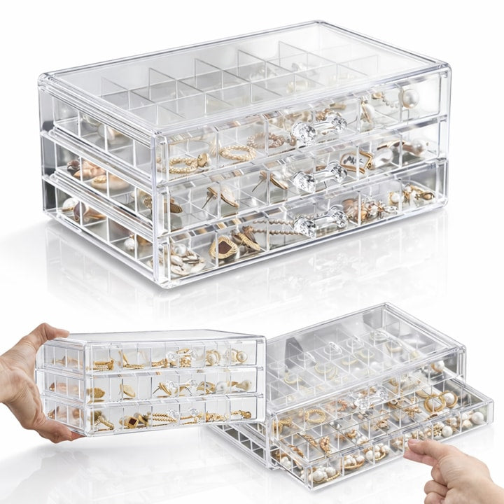 Cutie bijuterii transparenta, multistrat, 3 sertare, 72 compartimente, capacitate mare, 24×13, 5×11 cm