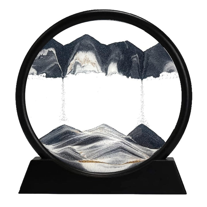 Obiect decorativ cu efect 3D din nisip, masa rotativa 360°, baza din plastic, sticla si nisip, 18x19 cm, Negru