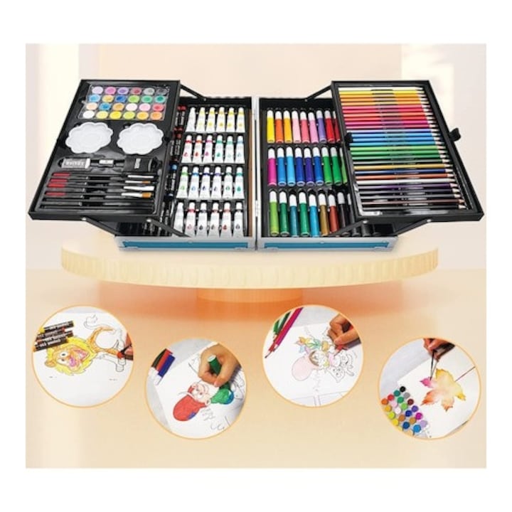 Set pentru pictura si desen, 145 piese, cutie metalica albastra, pentru copii, 38x26x4cm