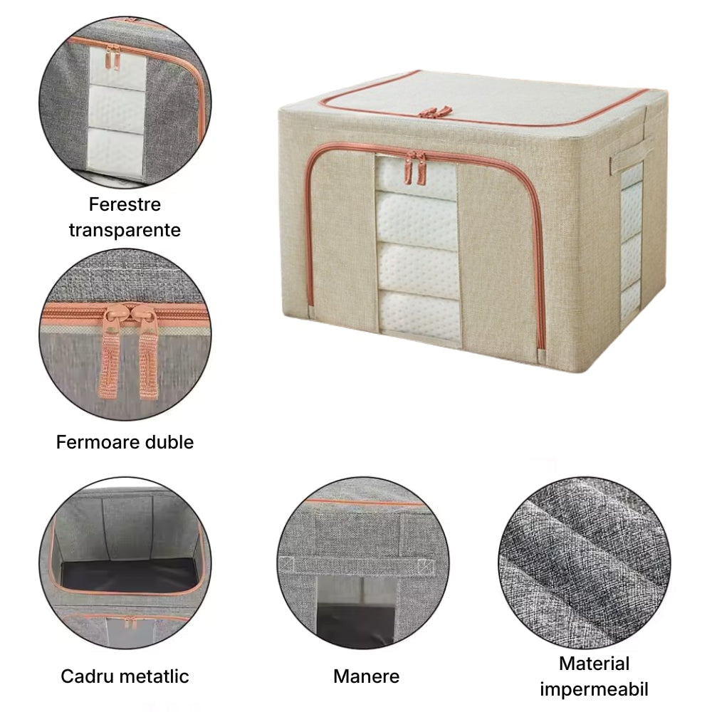 Organizator depozitare 100 litri, cutie textila pliabila cu capac si fermoar, panou transparent pentru vizualizare si cadru metalic robust, ideala pentru haine voluminoase si depozitare