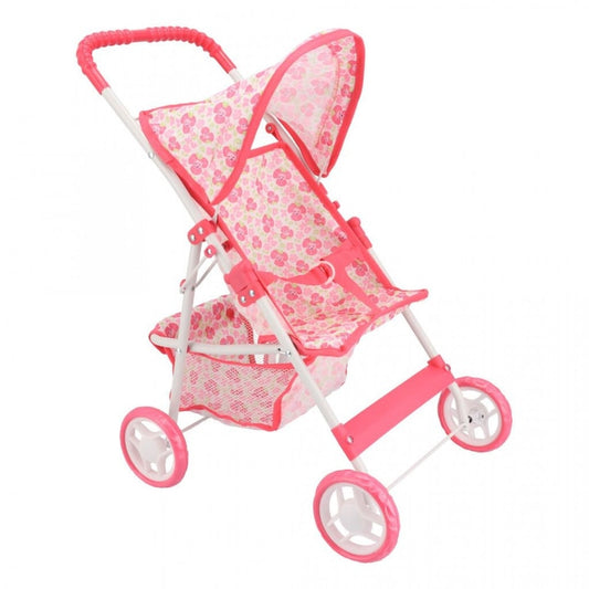 Carucior pliabil pentru papusi, cadru metalic rezistent, 4 roti stabile, maner reglabil, cos de depozitare, design realist, roz
