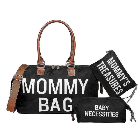 Geanta Mommy Bag cu 2 gentute incluse, multiple compartimente si spatii pentru depozitare, ideala pentru maternitate si calatorii, negru