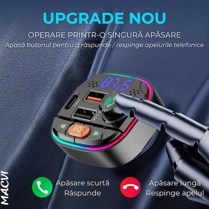 Modulator FM Bluetooth 5.0 cu Incarcare Rapida QC 3.0 si PD 20W, 1x USB Tip C, 2x USB Tip A, Iluminare RGB, Negru