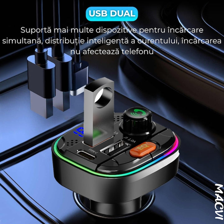 Modulator FM Bluetooth 5.0 cu Incarcare Rapida QC 3.0 si PD 20W, 1x USB Tip C, 2x USB Tip A, Iluminare RGB, Negru