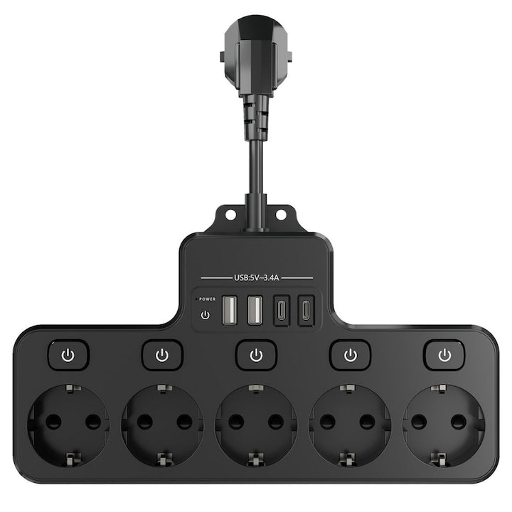Multipriza cu 4 prize Schuko, 4 porturi USB, control individual, 4000W, extensie electrica pentru birou si acasa