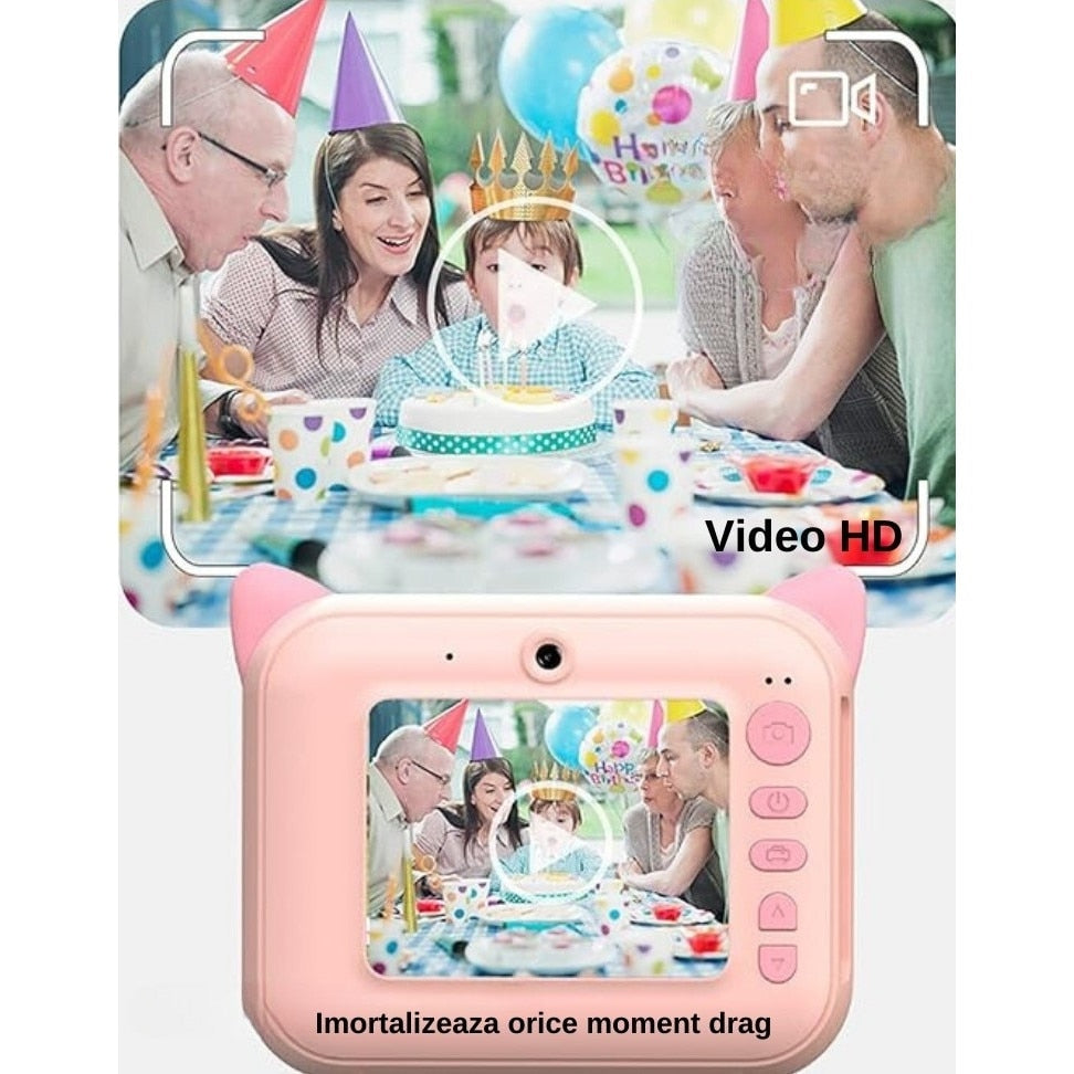 Aparat Foto pentru Copii cu Imprimare Instant, Ecran 2.4 inch, 20 Mpx, Full HD 1080P, Selfie, Jocuri, Reincarcabil, 1 rola hartie inclusa, Roz