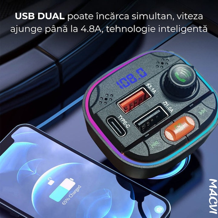 Modulator FM Bluetooth 5.0 cu Incarcare Rapida QC 3.0 si PD 20W, 1x USB Tip C, 2x USB Tip A, Iluminare RGB, Negru