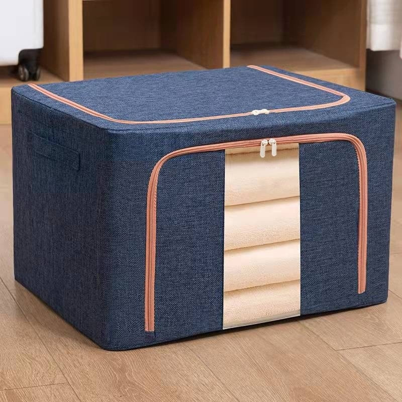 Cutie depozitare 24L pliabila din material textil cu fermoar si fereastra transparenta cu cadru metalic pentru organizare eficienta, organizator pentru haine si articole casnice