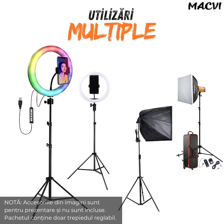Trepied reglabil 2m pentru camera foto, video, telefon si lampa circulara, suport profesional din aluminiu, prindere 1/4", ideal pentru vlogging, fotografie si live streaming