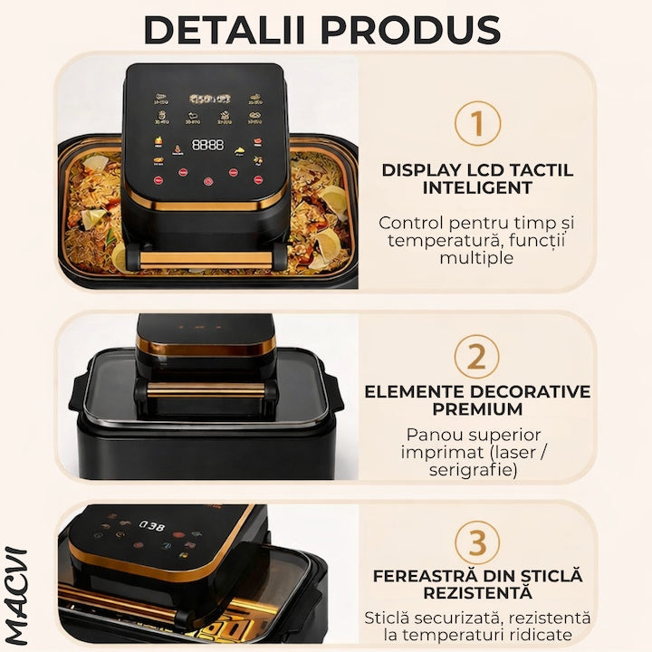 Friteuza cu aer cald digitala 3 in 1 fara ulei 12 L 1700W control touch 11 programe LED negru auriu