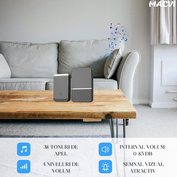 Sonerie fara fir, wireless, 260 m raza, 4 niveluri volum, rezistenta apa IP44, fixare dubla, negru