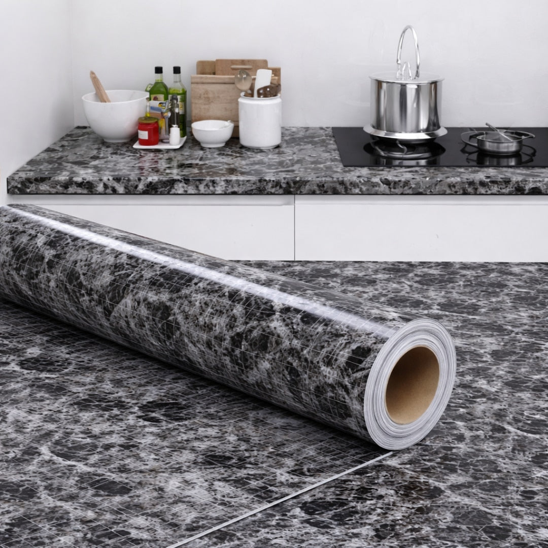 Folie Autoadeziva Gri inchis marmorat Rezistenta la Caldura 10 m x 60 cm, Impermeabila si Anti-Ulei, Tip Rola, Pentru Bucatarie si Mobilier, Finisaj Lucios